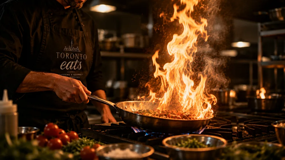 Flames rising from a sauté pan as a Toronto Eats chef cooks over open fire.