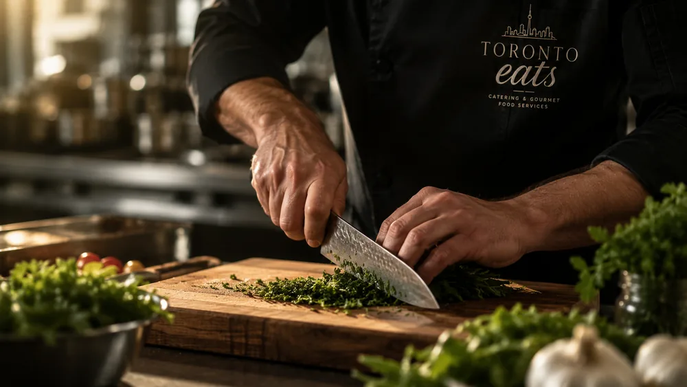 Close-up of a chef’s knife working through fresh herbs on a wooden board.