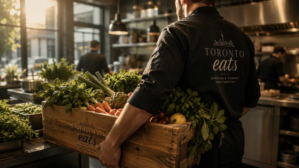 Chef carrying a crate of fresh herbs and produce into the Toronto Eats kitchen.