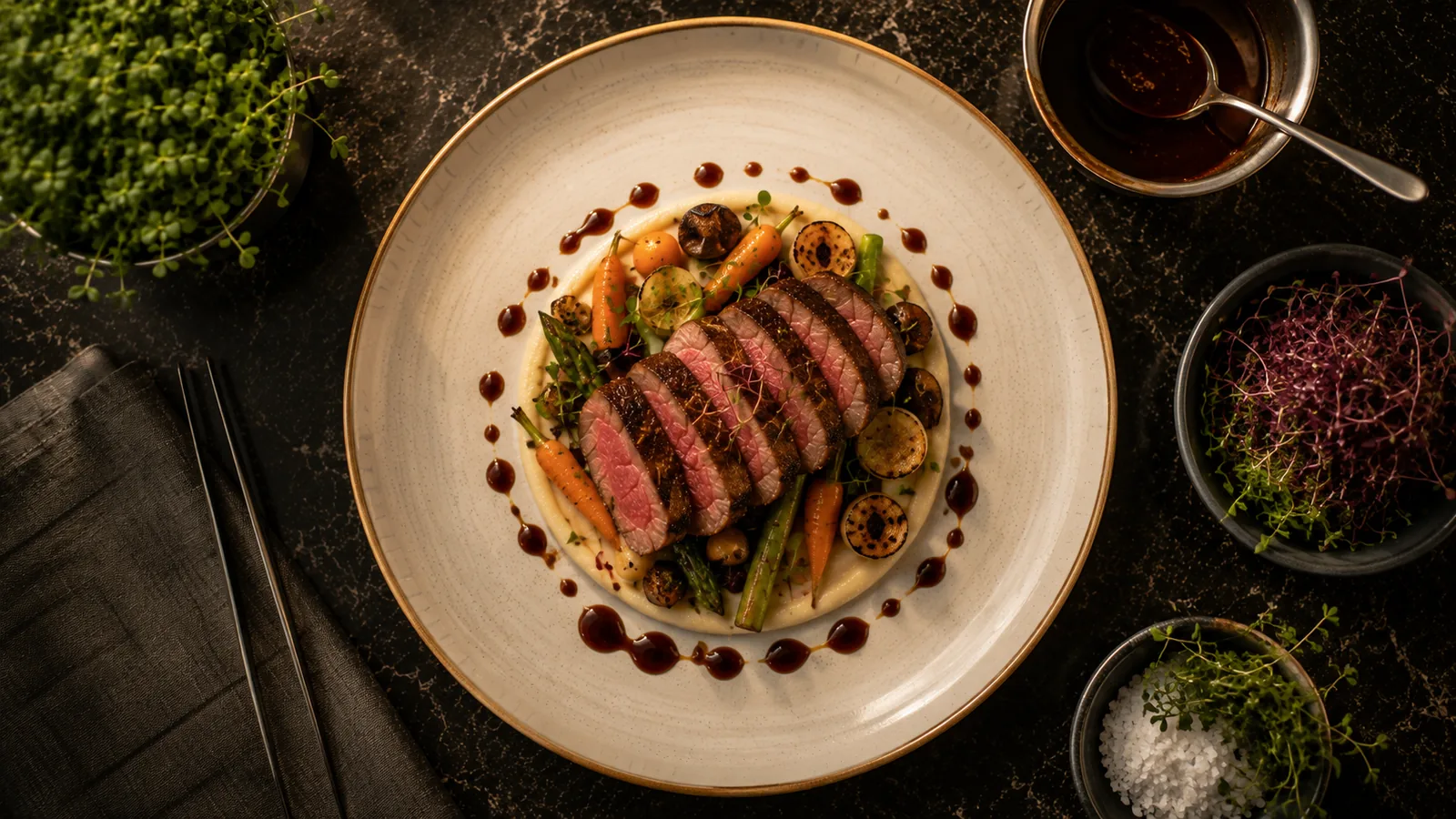 Overhead view of a signature plated course — sliced beef, seasonal vegetables, and burgundy sauce on a ceramic plate.