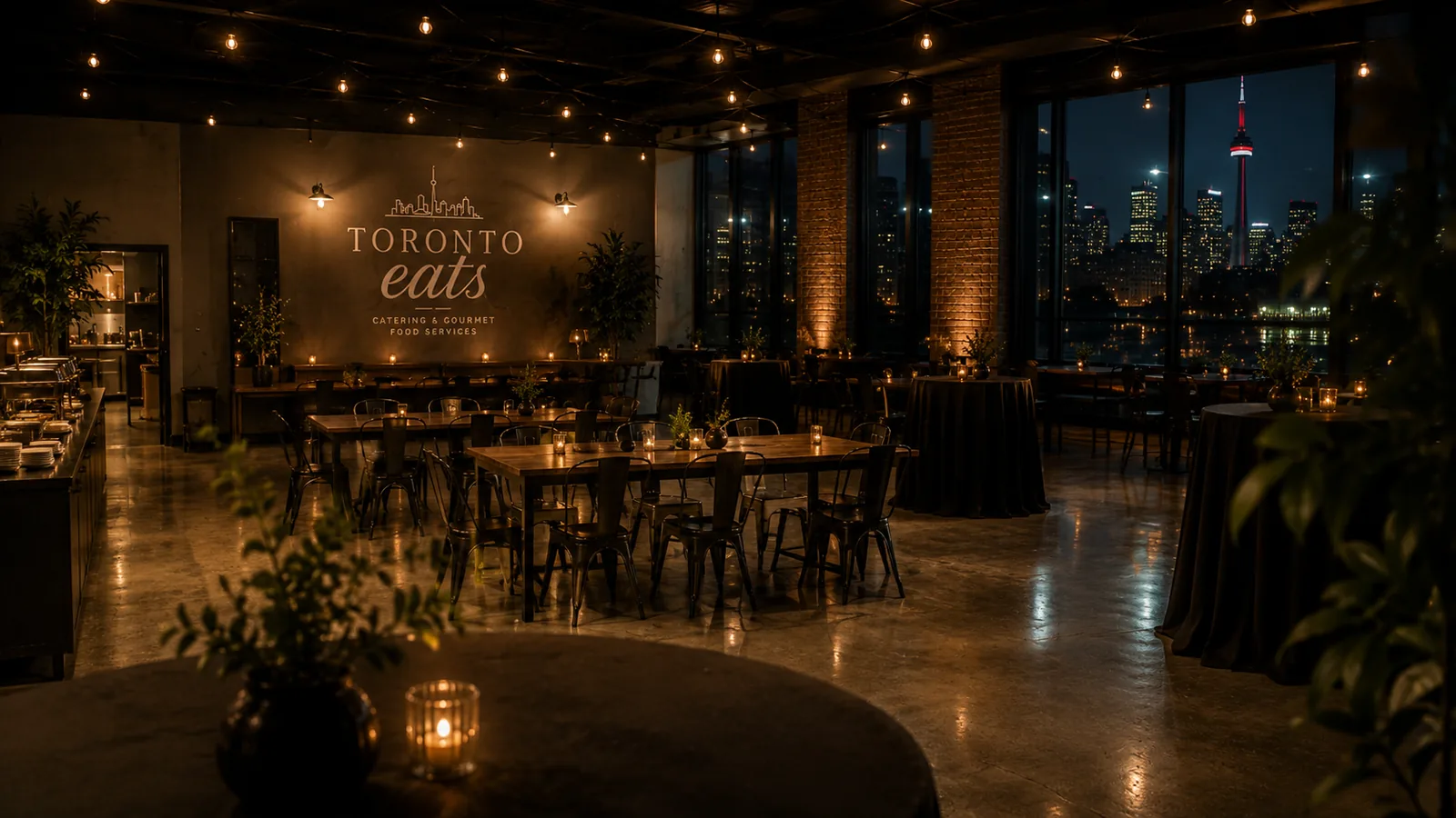 A pristine, empty Toronto Eats event space at night with the CN Tower visible through the windows.