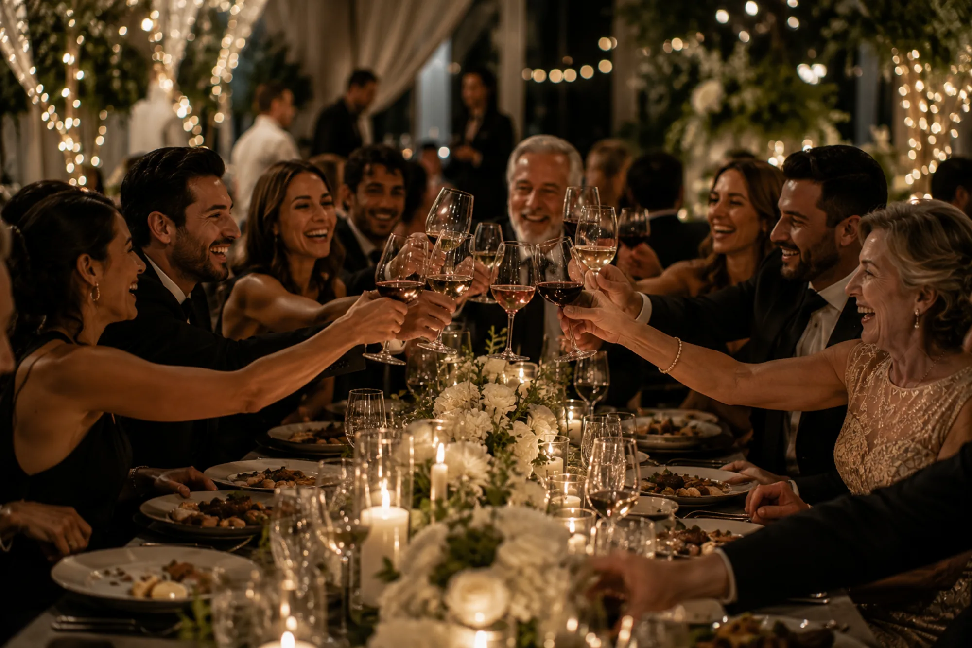 Guests raising glasses in a toast at a candlelit Toronto Eats event.