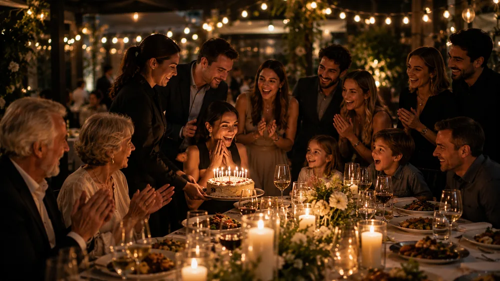 Family and friends cheering as a candlelit birthday cake arrives at the table.
