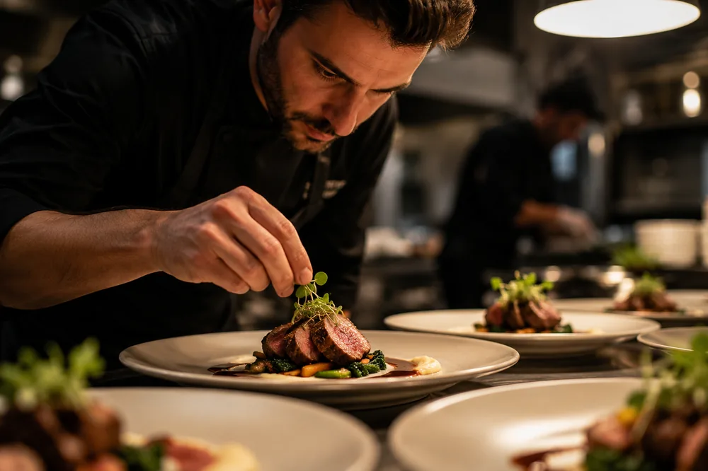 Chef plating a course with tweezers as the kitchen brigade works behind.