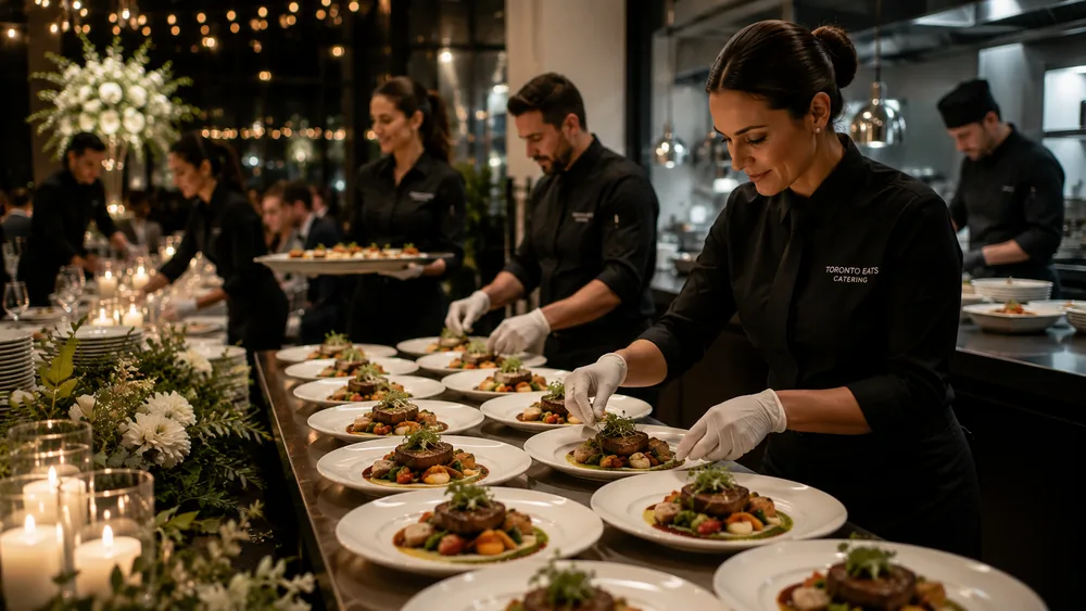 Servers in white gloves plating canapés along a service line before a wedding.