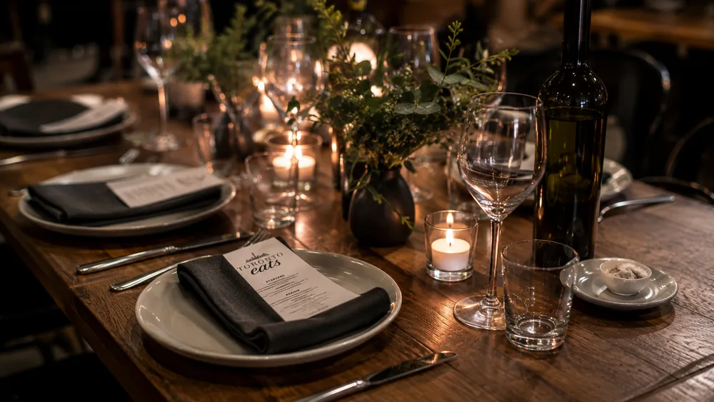 Elegant tablescape with candles, menu cards, greenery, and wine on a dark wood table.