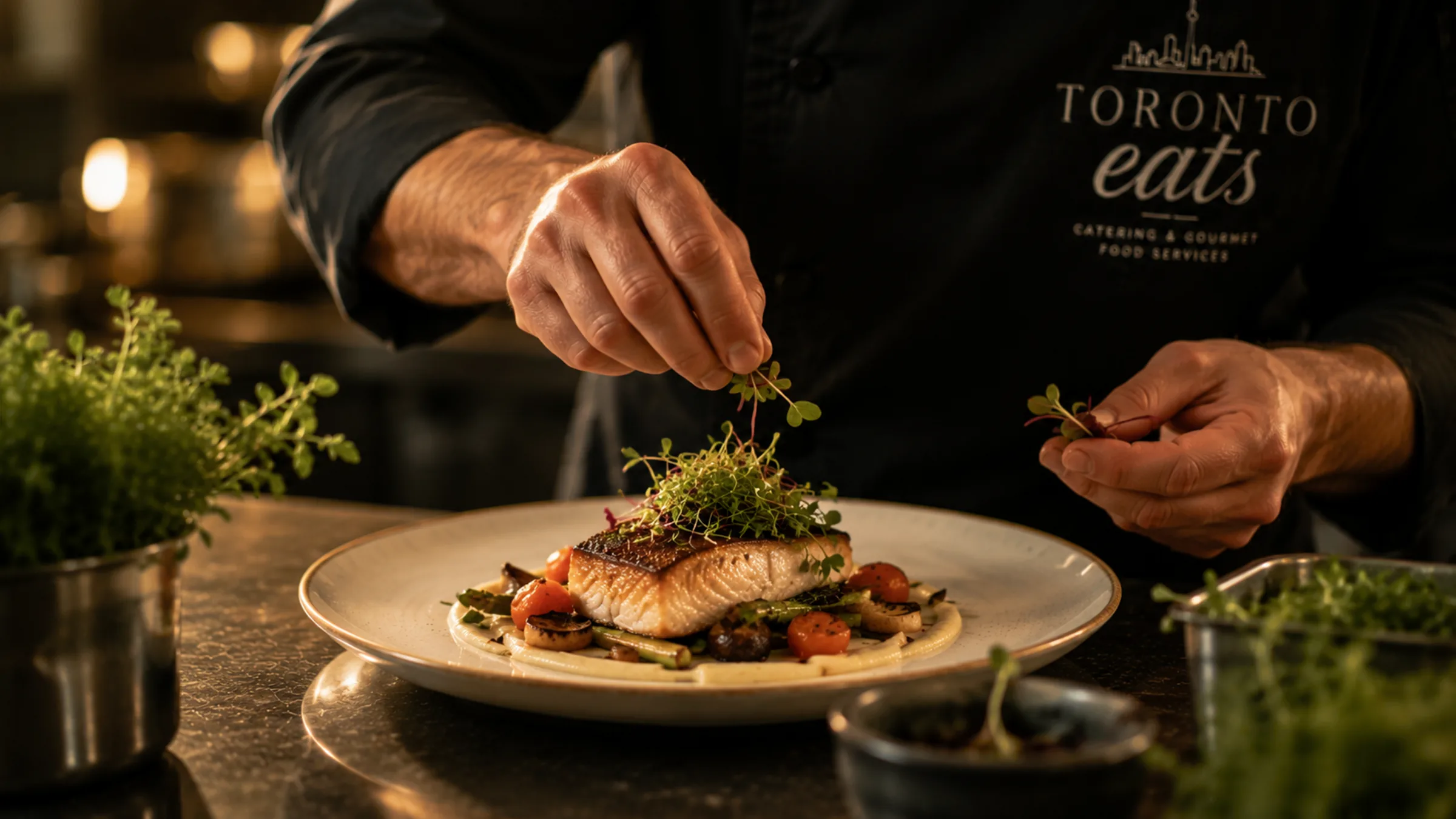 A Toronto Eats chef placing microgreens onto a finished plate in a candlelit kitchen.
