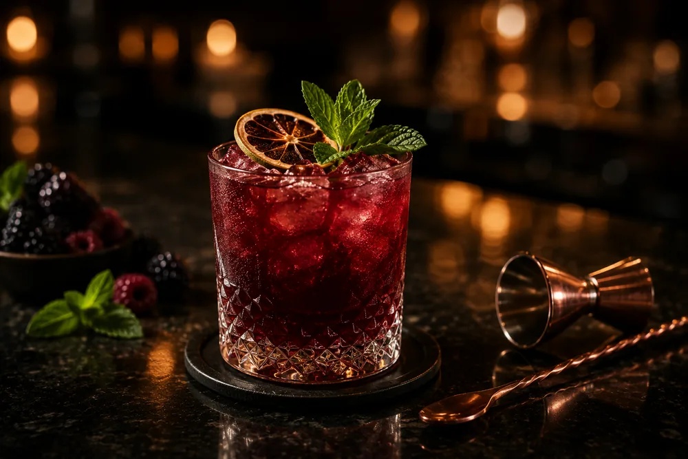 A garnished cocktail with dehydrated orange and mint beside a copper jigger.