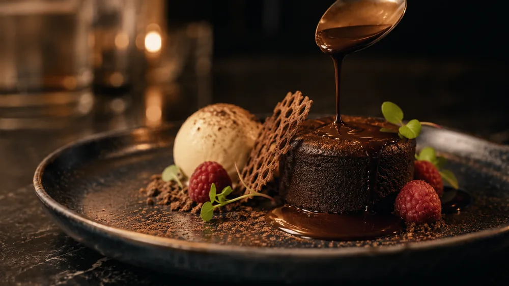 Warm chocolate dessert with sauce pour, ice cream quenelle, and fresh raspberries.