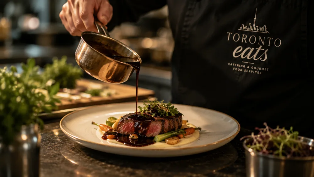 Sauce being poured from a copper pan over a plated main course.