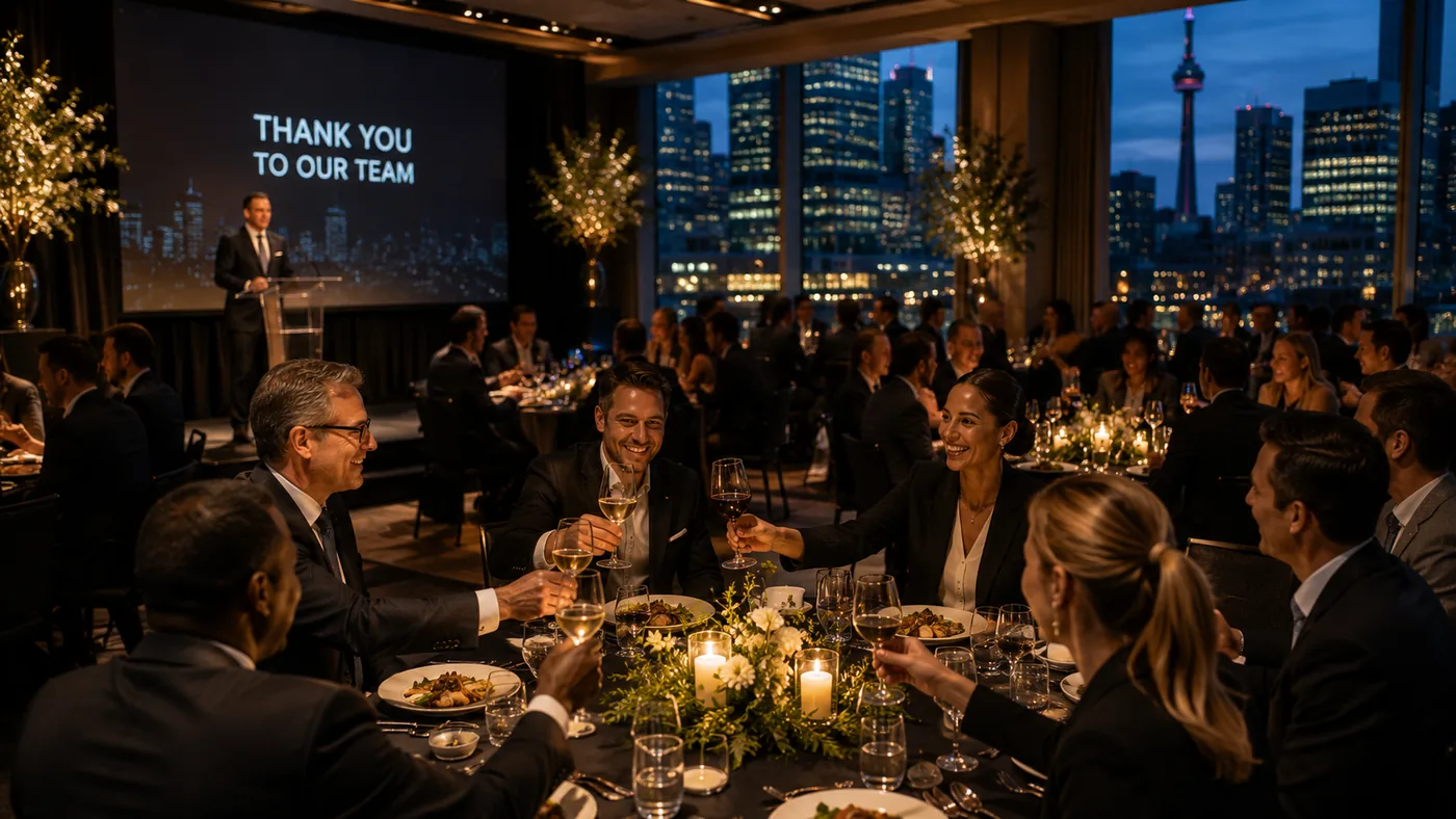 Executives seated at a candlelit corporate dinner in a Toronto rooftop venue overlooking the CN Tower.