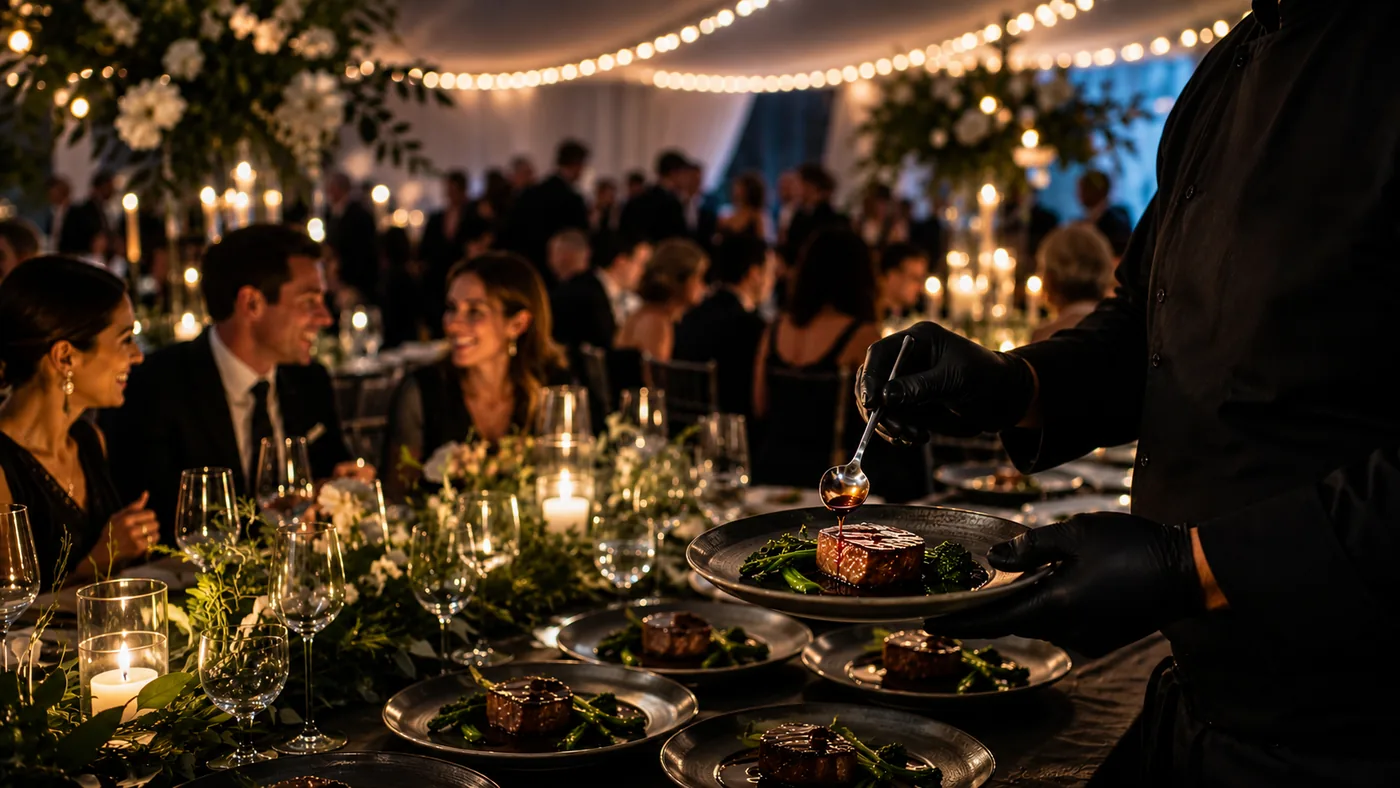 Guests dining beneath string lights at an outdoor private event served by Toronto Eats staff.