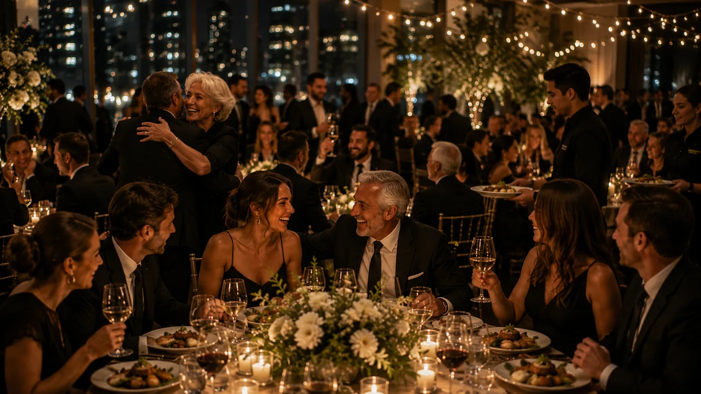 Wedding reception with long candlelit tables, white florals, and the Toronto skyline behind.